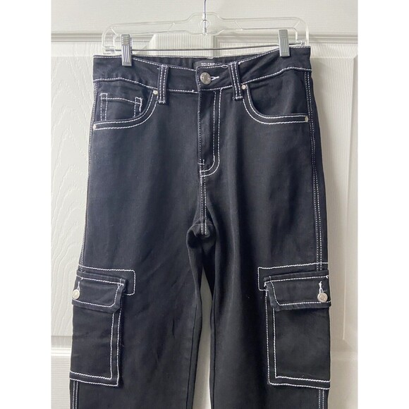 Telepatia  Wide Leg Cargo Jeans Juniors 9/29  Black White Stitch Pockets Hip Hop - Picture 4 of 8